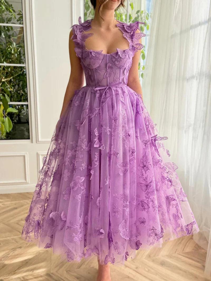 Vestido de fiesta Aline de tul midi con mariposas