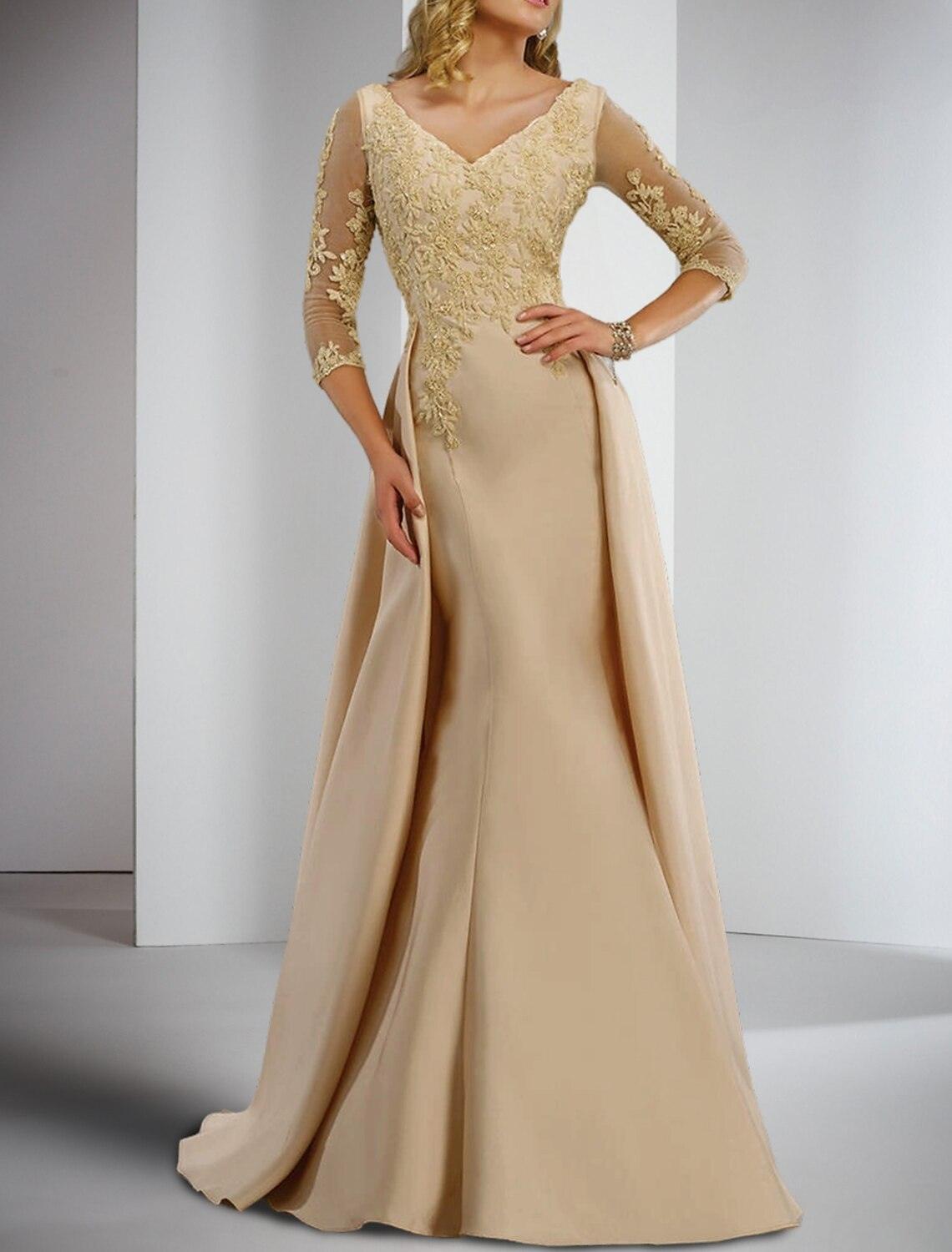 Etui-Linie/Säulenkleid für die Mutter der Braut, formelle Hochzeitsgäste, elegant, V-Ausschnitt, bodenlang, Satinspitze, 3/4-Ärmel mit Applikationen