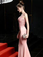 Mermaid / Trumpet Evening Gown Open Back Dress Formal Wedding Guest Sweep / Brush Train Sleeveless V Neck Cotton Blend with Beading Appliques