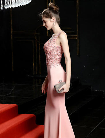 Abendkleid im Meerjungfrauen-/Trompeten-Stil, mit offenem Rücken, für formelle Hochzeitsgäste, Schleppe, ärmellos, V-Ausschnitt, Baumwollmischung mit Perlenapplikationen