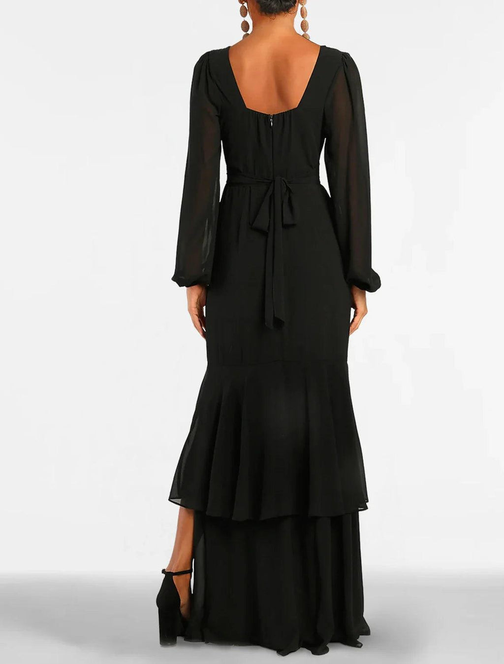 Meerjungfrau Schwarzes Abendkleid Stufenplissee Kleid Formal Hochzeitsgast Bodenlang Langarm V-Ausschnitt Gothic Chiffon mit Schlitz Riemchen