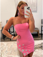 Meerjungfrau/Trompete Cocktailkleider Heißes Kleid Homecoming Kurz/Mini Ärmellos Herzausschnitt Stretchstoff Rückenfrei mit Quaste