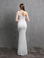Meerjungfrau/Trompete Abendkleid Sparkle &amp; Shine Kleid Formelle Hochzeit Gast Bodenlang Kurzarm Eine Schulter Pailletten mit Pailletten