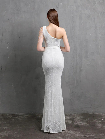 Meerjungfrau/Trompete Abendkleid Sparkle &amp; Shine Kleid Formelle Hochzeit Gast Bodenlang Kurzarm Eine Schulter Pailletten mit Pailletten