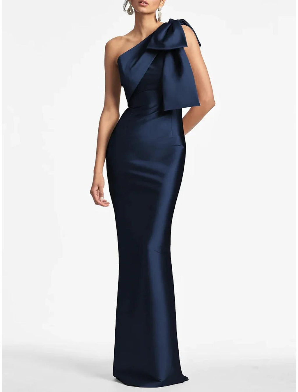 Satin Meerjungfrau Partykleid Abendkleid Champagner Schwarz Elegantes Kleid Formell Herbst Knöchellang Ärmellos Eine Schulter mit Schleife(n) Schlitz