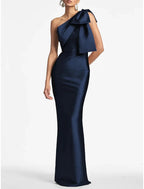 Satin Meerjungfrau Partykleid Abendkleid Champagner Schwarz Elegantes Kleid Formell Herbst Knöchellang Ärmellos Eine Schulter mit Schleife(n) Schlitz