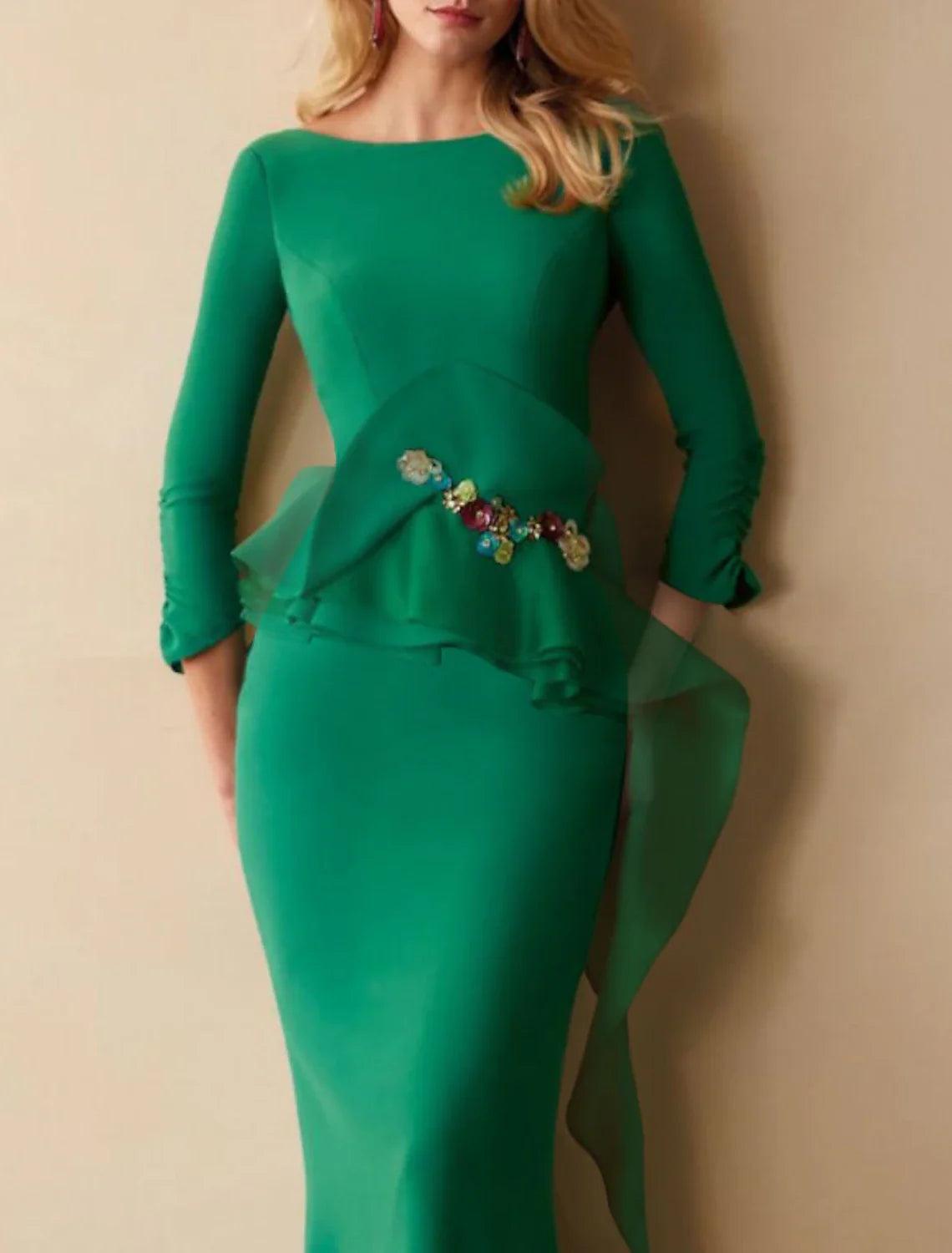 Vestido de noche formal de sirena/trompeta con espalda hermosa, elegante para invitada de boda, cuello joya, manga 3/4, largo hasta el suelo, de gasa con volantes