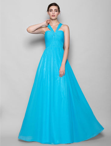 Etui-/Säulenkleid für die Brautjungfer, Neckholder, ärmellos, offener Rücken, bodenlang, Chiffon mit Criss Cross