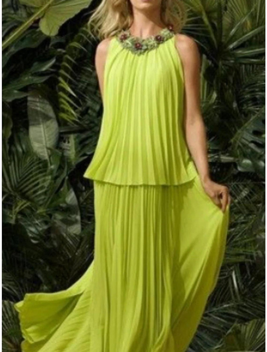 Vestido de dos piezas para madre de la novia, para invitada de boda, elegante, dulce, cuello joya, largo hasta los tobillos, de gasa, sin mangas, con pliegues y apliques, otoño