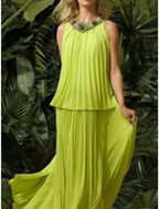 Vestido de dos piezas para madre de la novia, para invitada de boda, elegante, dulce, cuello joya, largo hasta los tobillos, de gasa, sin mangas, con pliegues y apliques, otoño