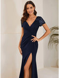 Meerjungfrau/Trompete Hochzeitsgastkleider Elegantes Kleid Formell Bodenlang Kurzarm V-Ausschnitt Stretchstoff mit Kristallen Schlitz