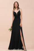 Double V-Neck Front Split Bridesmaid Dress Formal Party Dress for Wedding Black