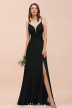 Double V-Neck Front Split Bridesmaid Dress Formal Party Dress for Wedding Black