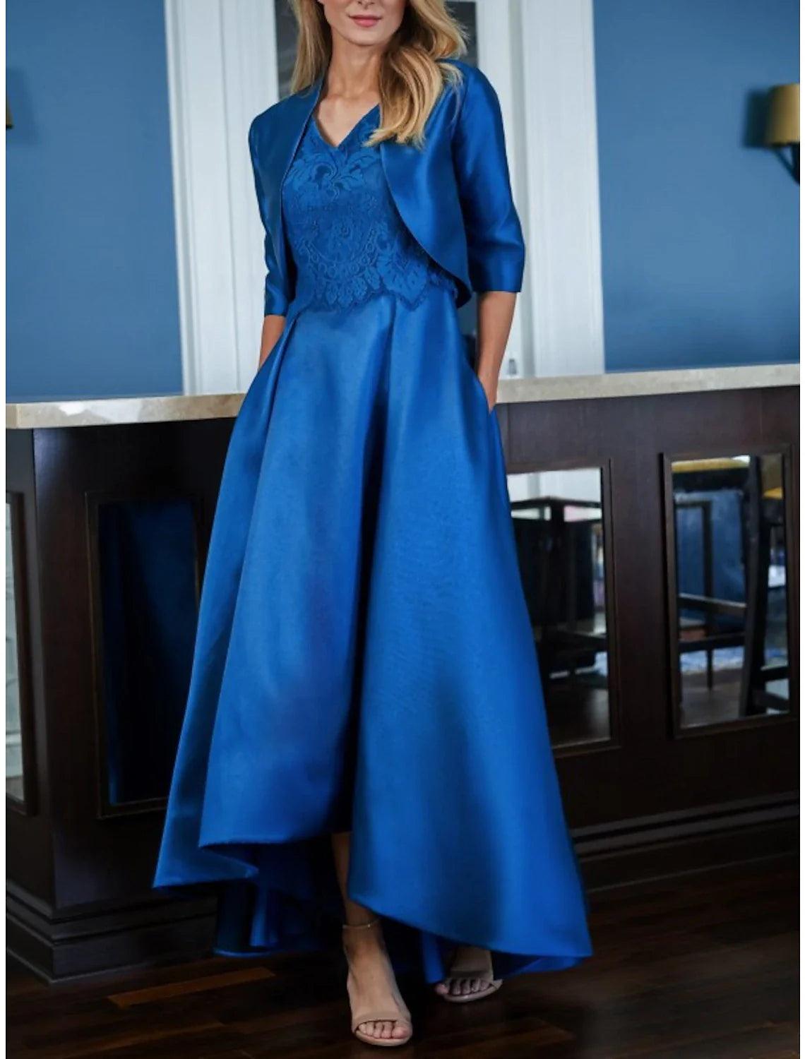 Zweiteiliges A-Linien-Kleid für die Mutter der Braut, Hochzeitsgast-Party, Vintage, elegant, V-Ausschnitt, asymmetrische Satinspitze, halbe Ärmel mit Falten, einfarbig