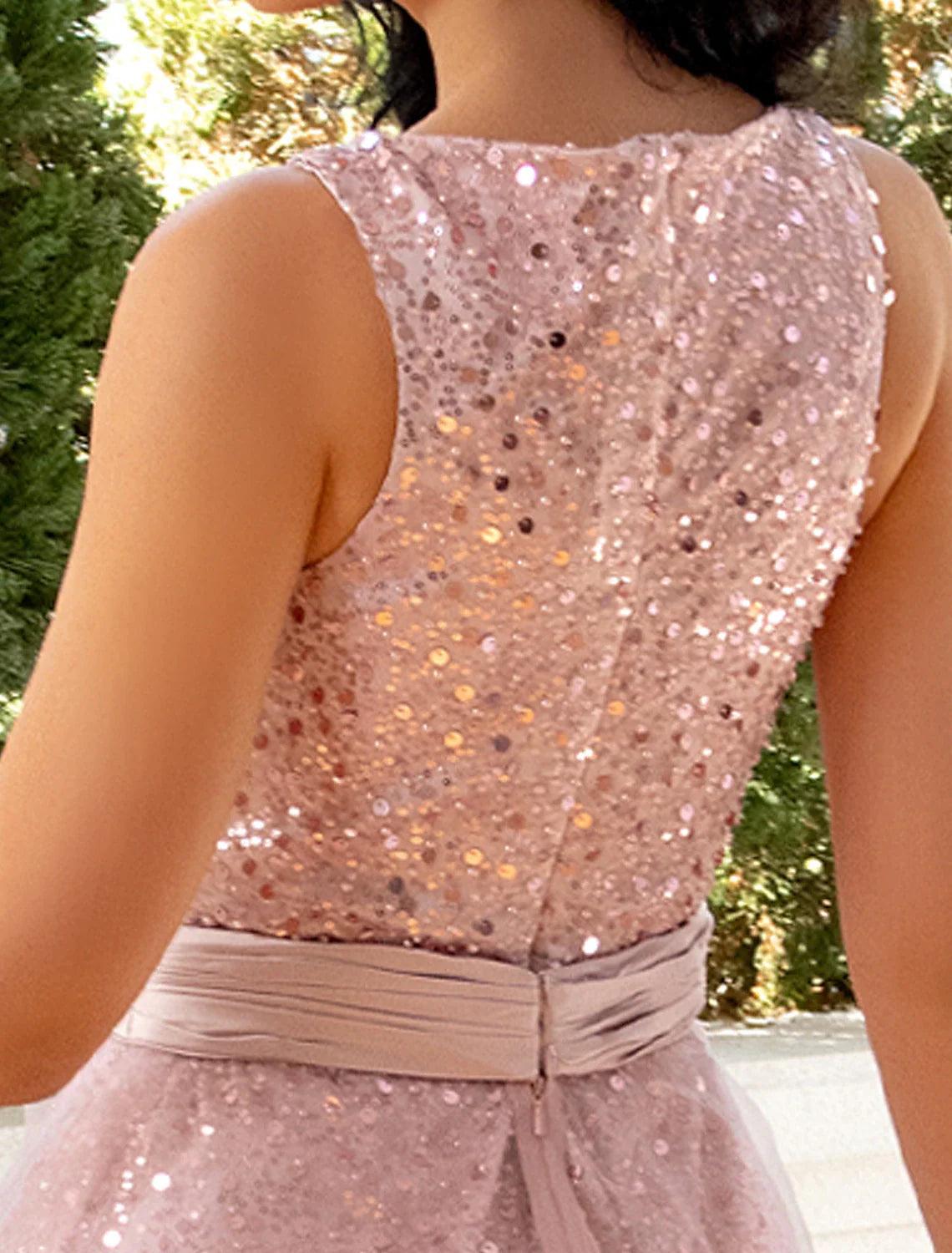 Etui-/Säulen-Abendkleider, Glitzer- und Glanzkleid, Cocktailparty, Hochzeitsfeier, wadenlang, ärmellos, V-Ausschnitt, abnehmbarer Tüll mit Pailletten