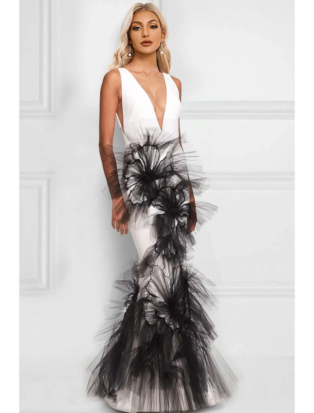 Vestido de noche de sirena/trompeta con bloques de color, vestido formal para invitadas de boda, largo hasta el suelo, sin mangas, cuello en V, tejido elástico con apliques