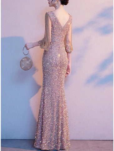 Etui-/Säulenkleid für die Brautmutter, elegant, funkelnd und glänzend, zierlich, Rundhalsausschnitt, bodenlang, mit Pailletten besetzt, 3/4-Ärmel, einfarbig