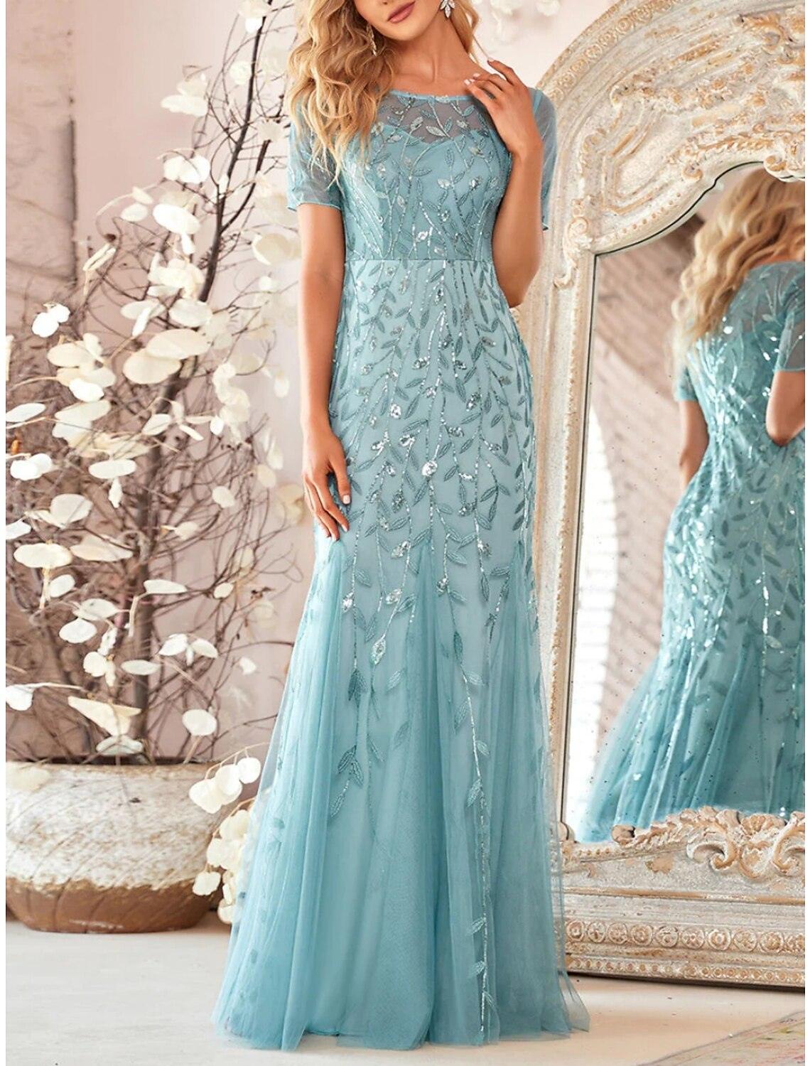 Vestido de sirena/trompeta para madre de la novia, para invitada de boda, brillo y resplandor, elegante, cuello joya, largo hasta el suelo, lentejuelas, manga corta con pliegues, lentejuelas