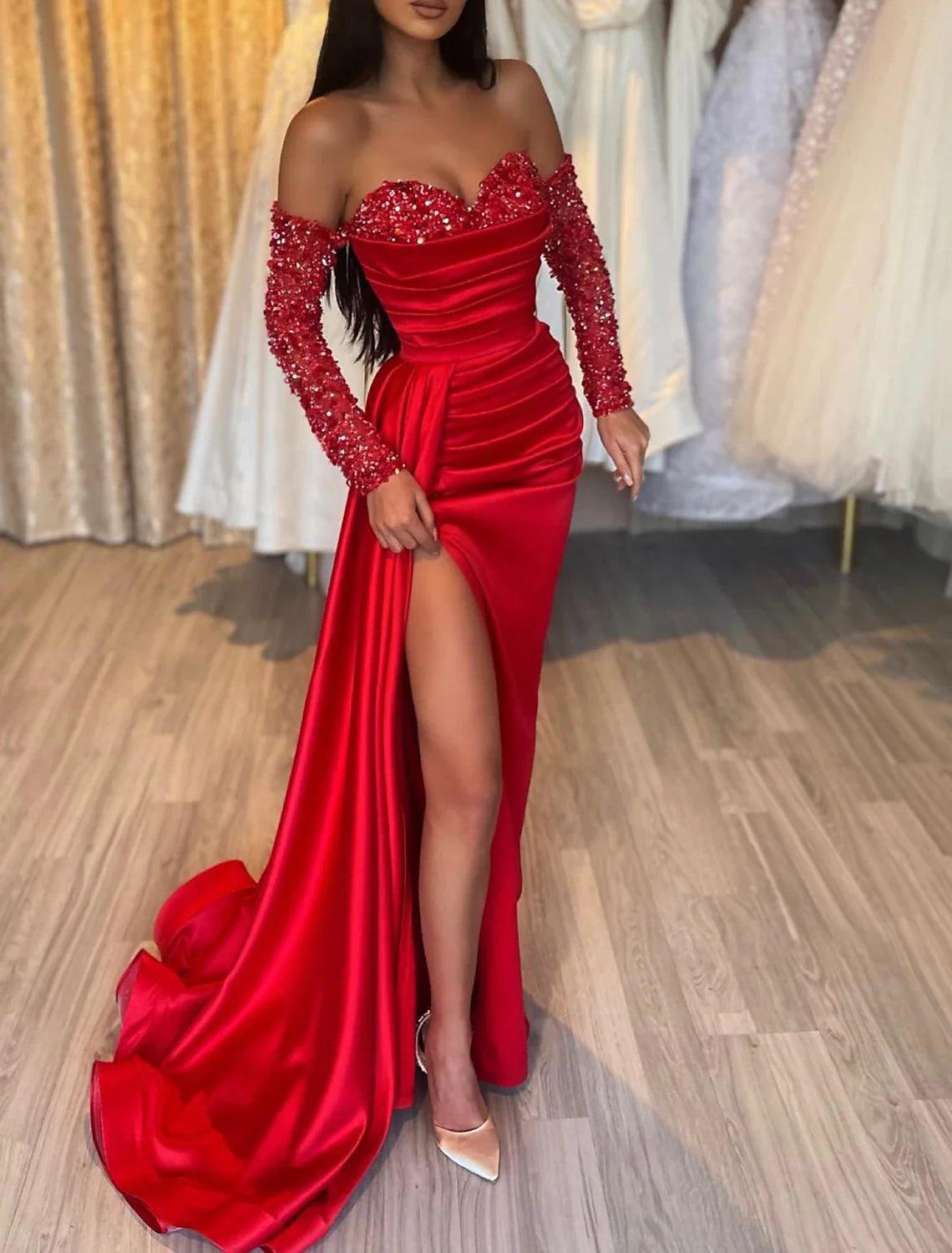 Mermaid Black Dress Plus Size Evening Gown Black Dress Plus Size Vintage Formal Wedding Party Court Train Long Sleeve Off Shoulder Satin with Ruched Sequin Slit