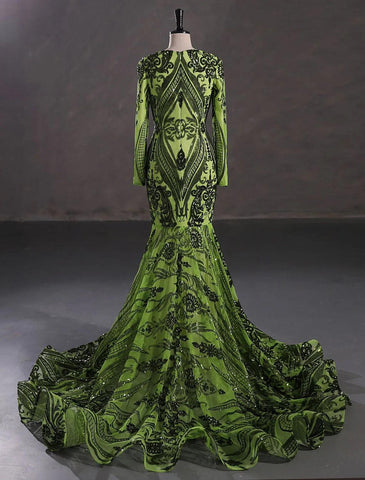 Meerjungfrau/Trompete Abendkleid Sparkle &amp; Shine Kleid Formeller Abend Hochzeitsfeier Kapelle Schleppe Langarm Juwel Hals Afroamerikaner Pailletten mit Pailletten