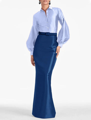 Meerjungfrau/Trompete Abendkleid Elegantes schwarzes Kleid Formal Herbst Bodenlang Langarm Hemdkragen Satin mit Riemchen