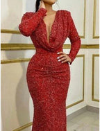 Vestido de noche de sirena, elegante vestido navideño rojo y verde, formal, con cola larga y escote en V, con lentejuelas y pliegues brillantes.