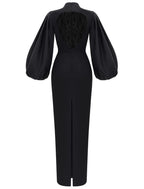 Vestido de noche formal elegante minimalista para invitados de boda, cuello alto, manga larga, largo hasta el suelo, licra, con corte en forma de tubo/columna