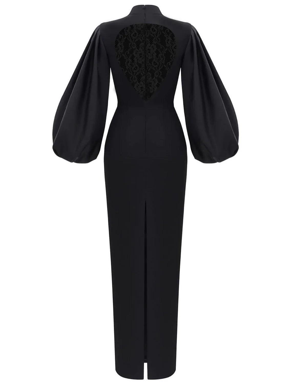 Vestido de noche formal elegante minimalista para invitados de boda, cuello alto, manga larga, largo hasta el suelo, licra, con corte en forma de tubo/columna