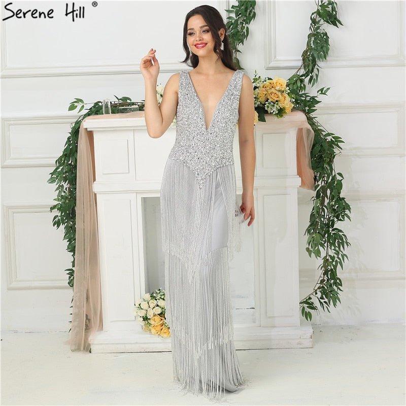 NumberSea - Dubai Design Silver Sexy Deep - V Evening Dress Sequined LA6674