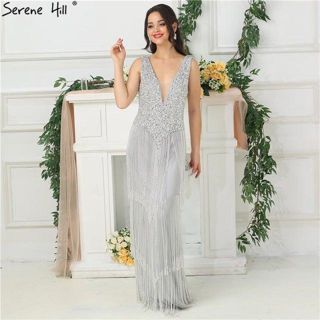 NumberSea - Dubai Design Silver Sexy Deep - V Evening Dress Sequined LA6674
