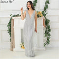 NumberSea - Dubai Design Silver Sexy Deep - V Evening Dress Sequined LA6674