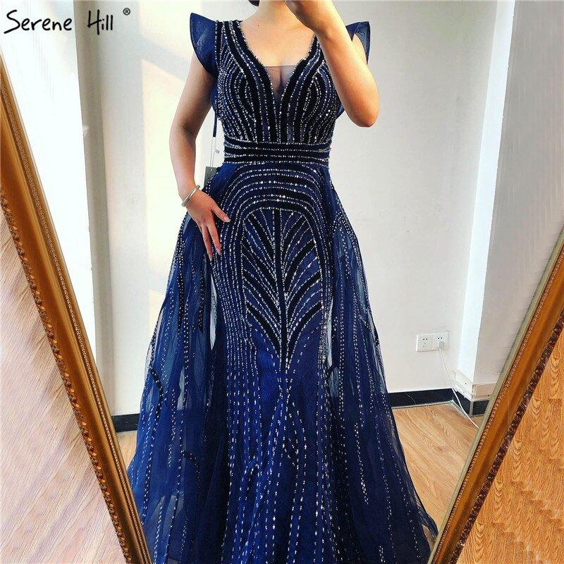NumberSea - Dubai Navy Blue Deep - V Sexy Evening Dresses 2024 Sleeveless Crystal Luxury Mermaid Evening Gowns Design Serene Hill LA70198