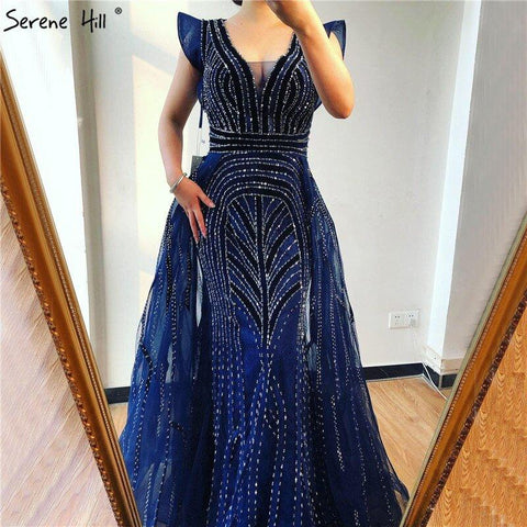 NumberSea - Dubai Navy Blue Deep - V Sexy Evening Dresses 2024 Sleeveless Crystal Luxury Mermaid Evening Gowns Design Serene Hill LA70198