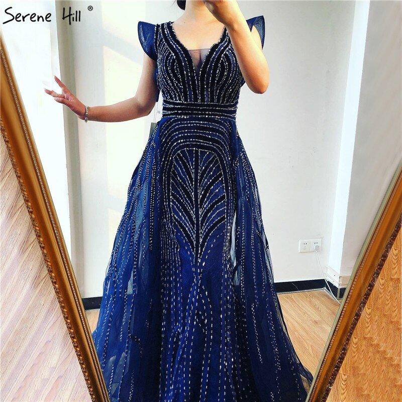 NumberSea - Dubai Navy Blue Deep - V Sexy Evening Dresses 2024 Sleeveless Crystal Luxury Mermaid Evening Gowns Design Serene Hill LA70198