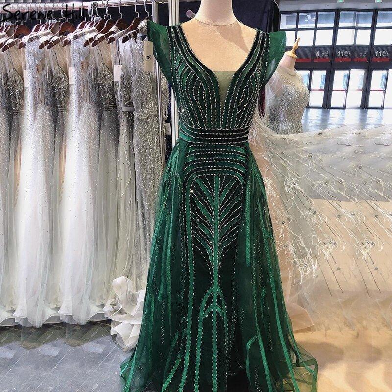 NumberSea - Dubai Navy Blue Deep - V Sexy Evening Dresses 2024 Sleeveless Crystal Luxury Mermaid Evening Gowns Design Serene Hill LA70198