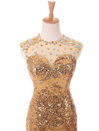Vestidos de fiesta de sirena/trompeta, brillantes, con cola de corte, sin mangas, cuello joya, lentejuelas y cuentas