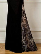 Vestido de sirena/trompeta para madre de la novia, elegante, para fiesta de invitados a bodas de otoño, cuello joya, largo hasta el suelo, encaje, terciopelo, manga larga, sin mangas, con apliques, bloque de color