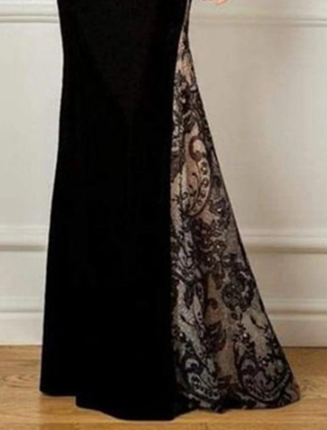 Vestido de sirena/trompeta para madre de la novia, elegante, para fiesta de invitados a bodas de otoño, cuello joya, largo hasta el suelo, encaje, terciopelo, manga larga, sin mangas, con apliques, bloque de color
