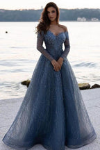 Staubiges blaues A-Linien-Ballkleid mit Pailletten und Herzausschnitt und langen Ärmeln