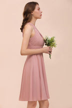 Dusty Pink Knee Length Bridesmaid Dress Halter Chiffon Maid of Honor Dress