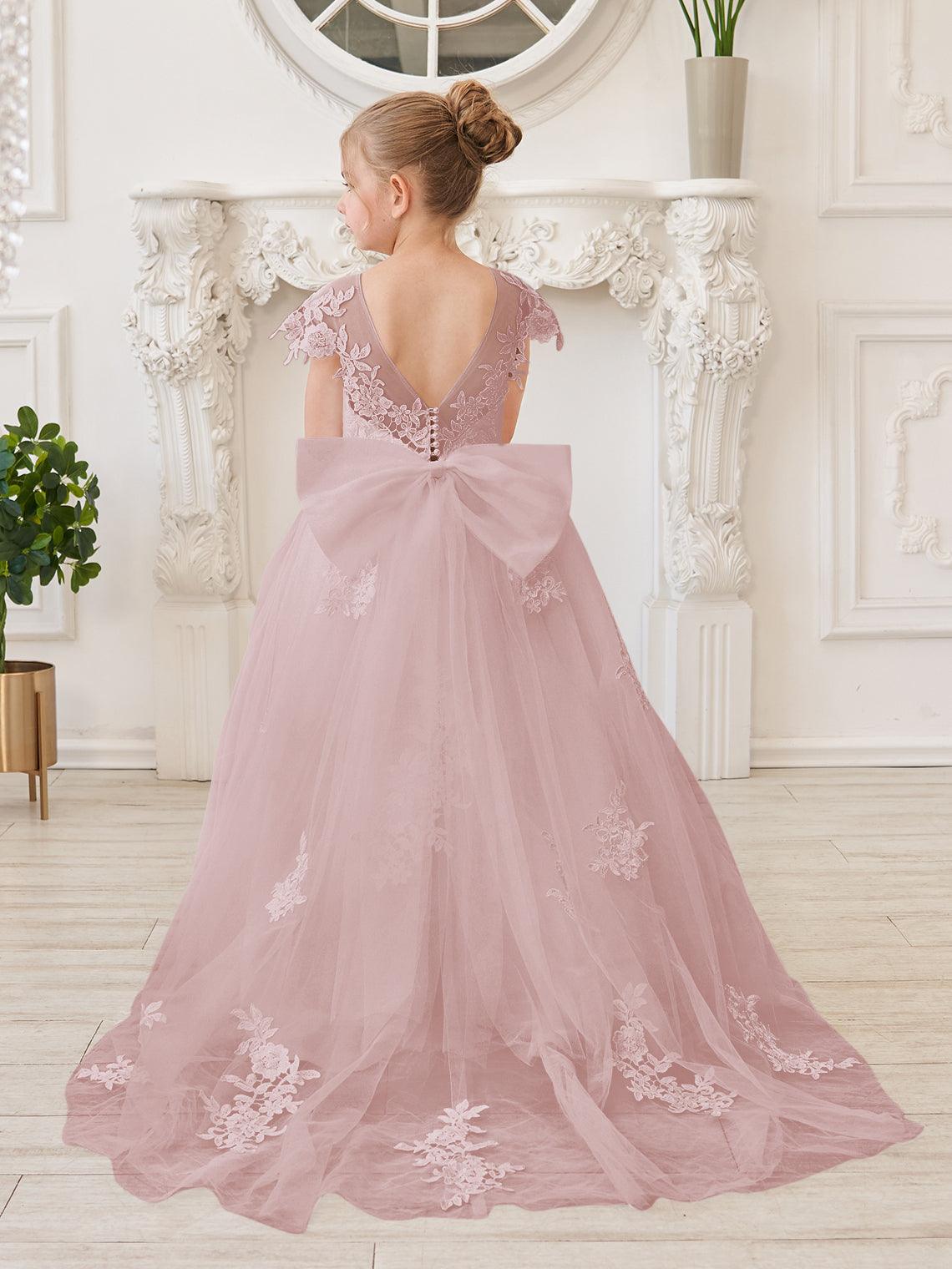 Vestido de princesa para primera comunión de niña de las flores, color marfil, con cola desmontable 