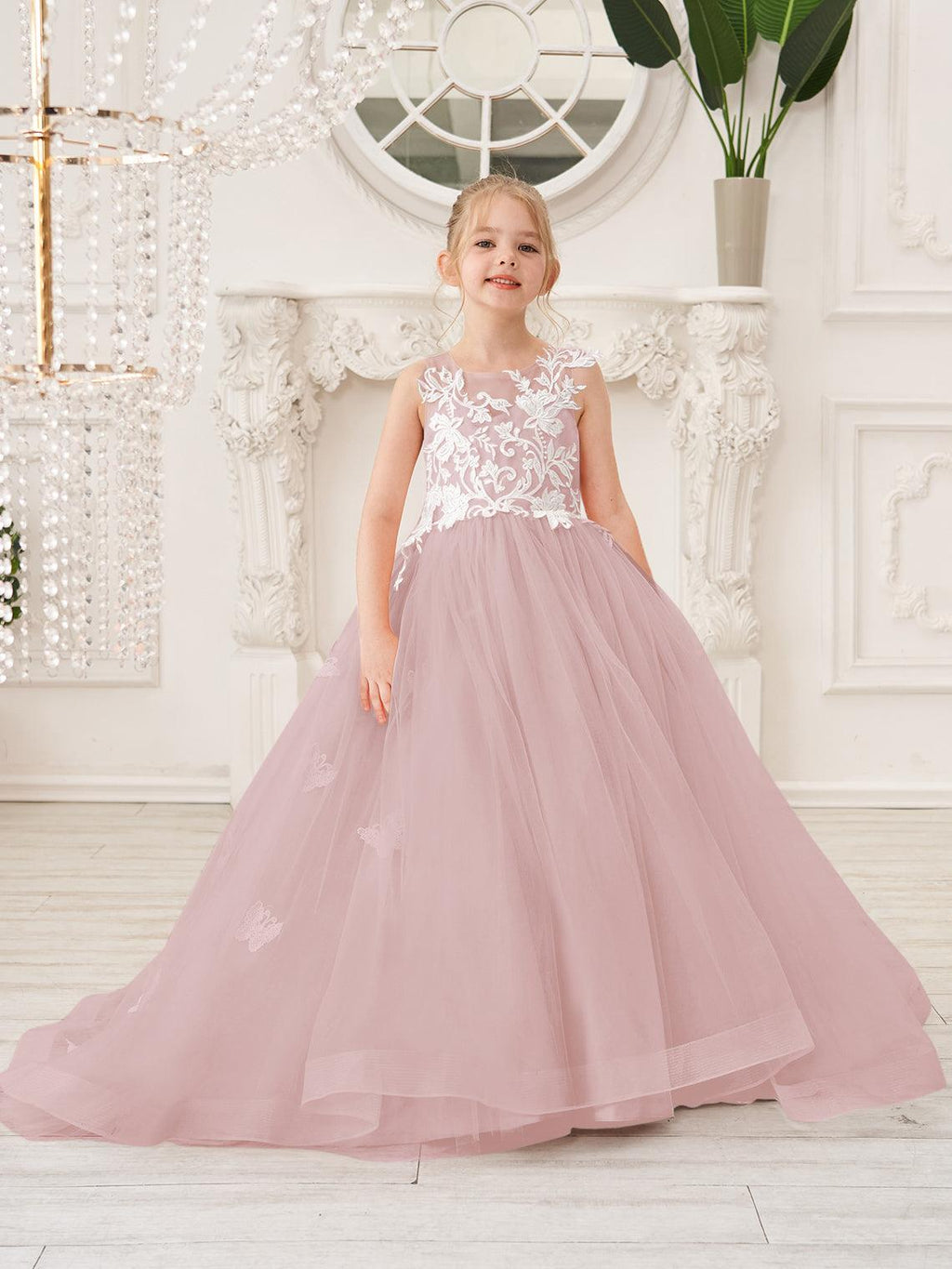 Elegante vestido de tul sin mangas estilo princesa de corte A para niña de las flores 