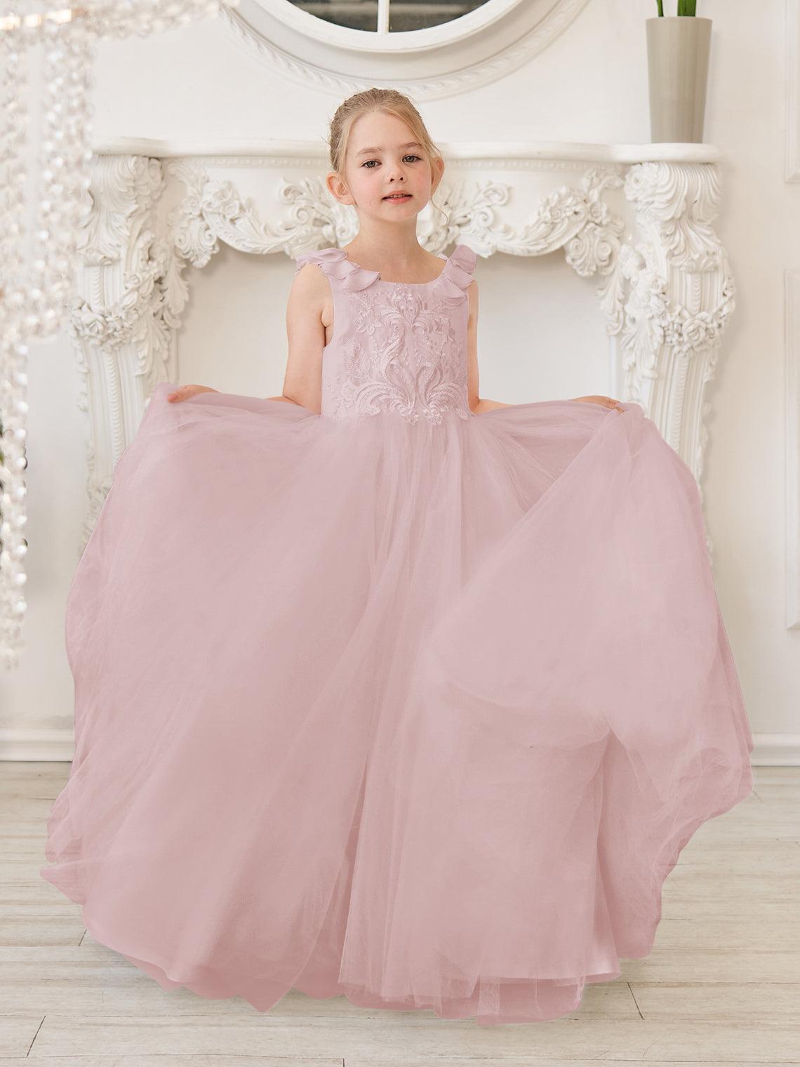 Elegante vestido de niña de las flores de tul blanco con cola larga 