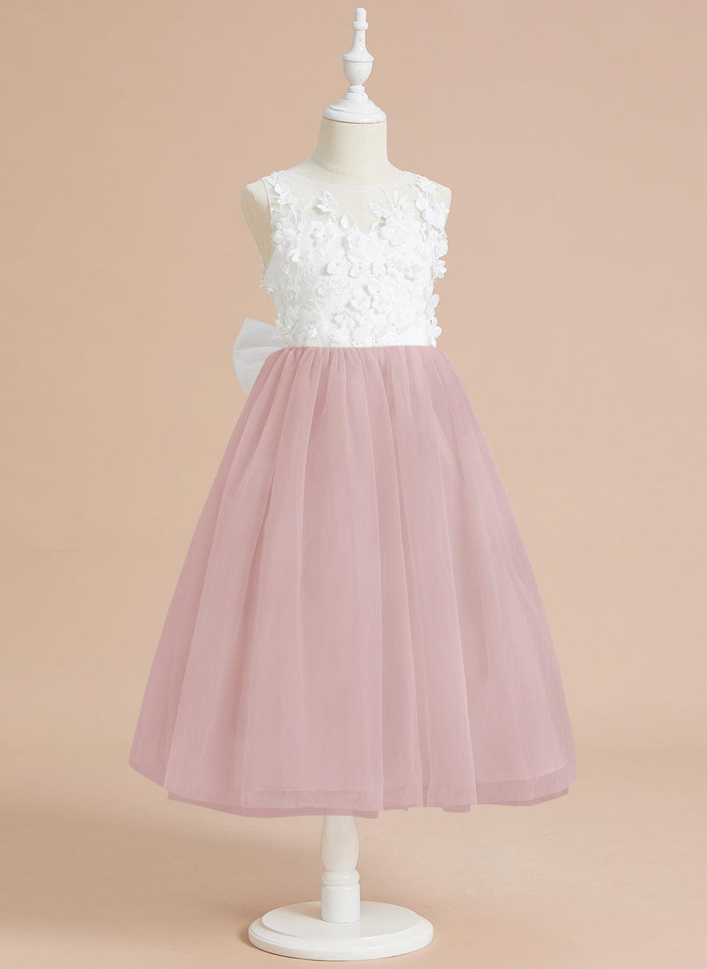Vestido largo hasta la rodilla con encaje floral y lazo grande 