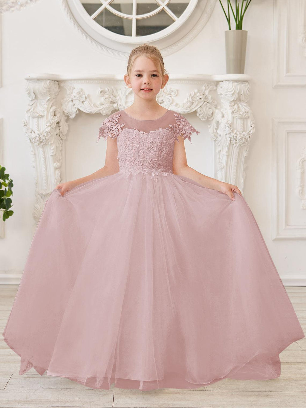 Vestido de princesa para primera comunión de niña de las flores, color marfil, con cola desmontable 