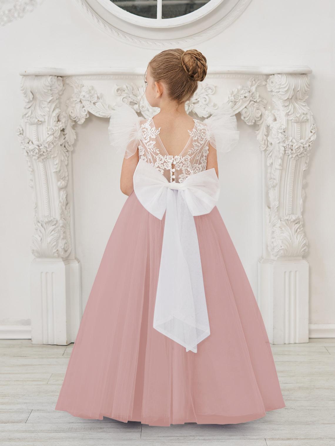 Vestido de niña de las flores con cola larga y tul con encaje desmontable 