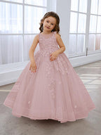 Vestido de princesa rosa para niña con apliques de encaje 