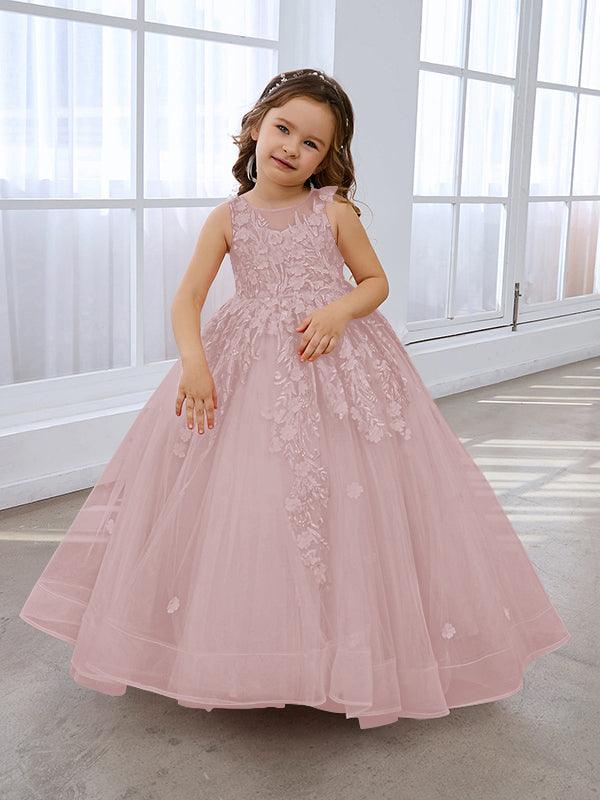 Vestido de princesa rosa para niña con apliques de encaje 