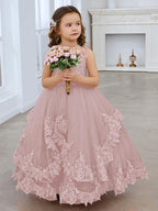 Vestido de princesa de tul sin mangas con apliques de encaje y cola larga para niñas 