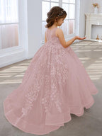 Vestido de princesa rosa para niña con apliques de encaje 